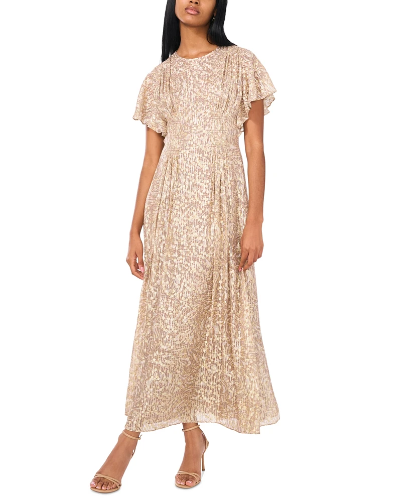 Parker The Rose Metallic-Print Flutter-Sleeve Maxi Dress