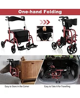 Givimo 2-in-1 Adjustable Folding Handle Rollator Walker with Storage Space-Red