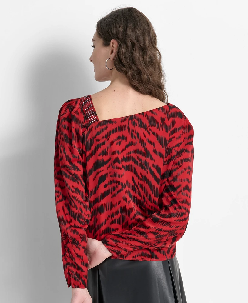 Dkny Women's Printed Asymmetric-Neck Long-Sleeve Blouse