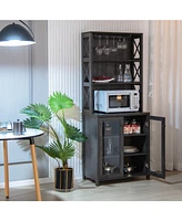 Tall Freestanding Buffet Hutch with Glass Holder and Adjustable Shelves