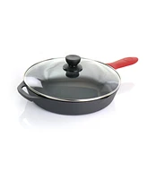 MegaChef Pre-Seasoned 9 Piece Cast Iron Skillet Set with Lids and Red Silicone Holder