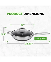 NutriChef 12'' Durable Wok with Side Handle - Triply Stainless Steel Cookware, Dakin Etching Non-Stick Coating Inside and Outside - Assorted Pre