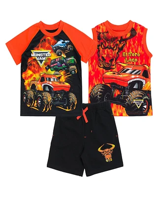 Monster Jam Boys Grave Digger El Toro Loco Megalodon T-Shirt Tank Top and French Terry Shorts 3 Piece Set to