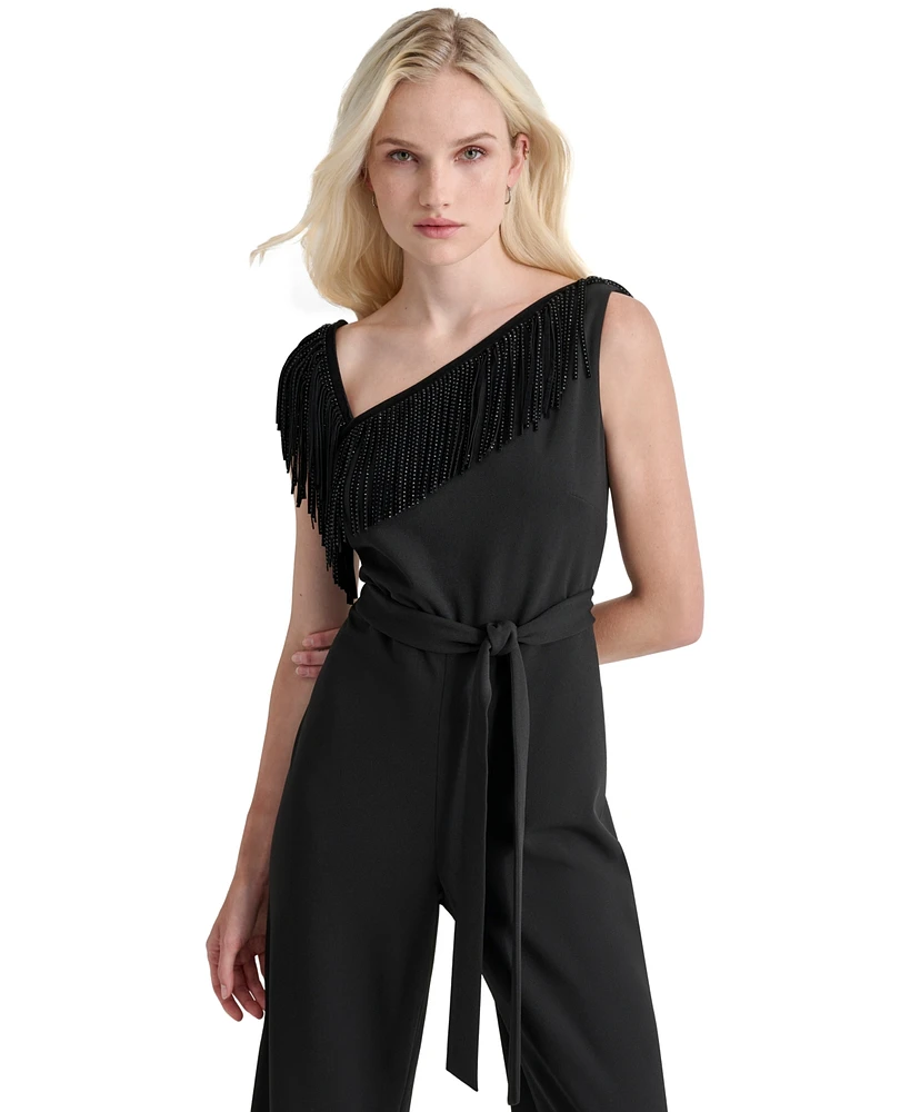 Dkny Women's Asymmetric-Neck Fringe-Trim Jumpsuit