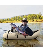 Sugift Inflatable Fishing Float Tube with Pump Storage Pockets and Fish Ruler-Beige