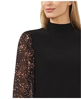 CeCe Women's Sheer Printed Long-Sleeve Mock Neck Top