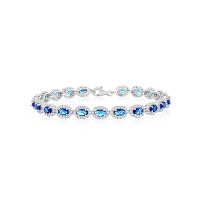 Simona Sterling Silver, Oval Sapphire & White Cz Halo Bracelet