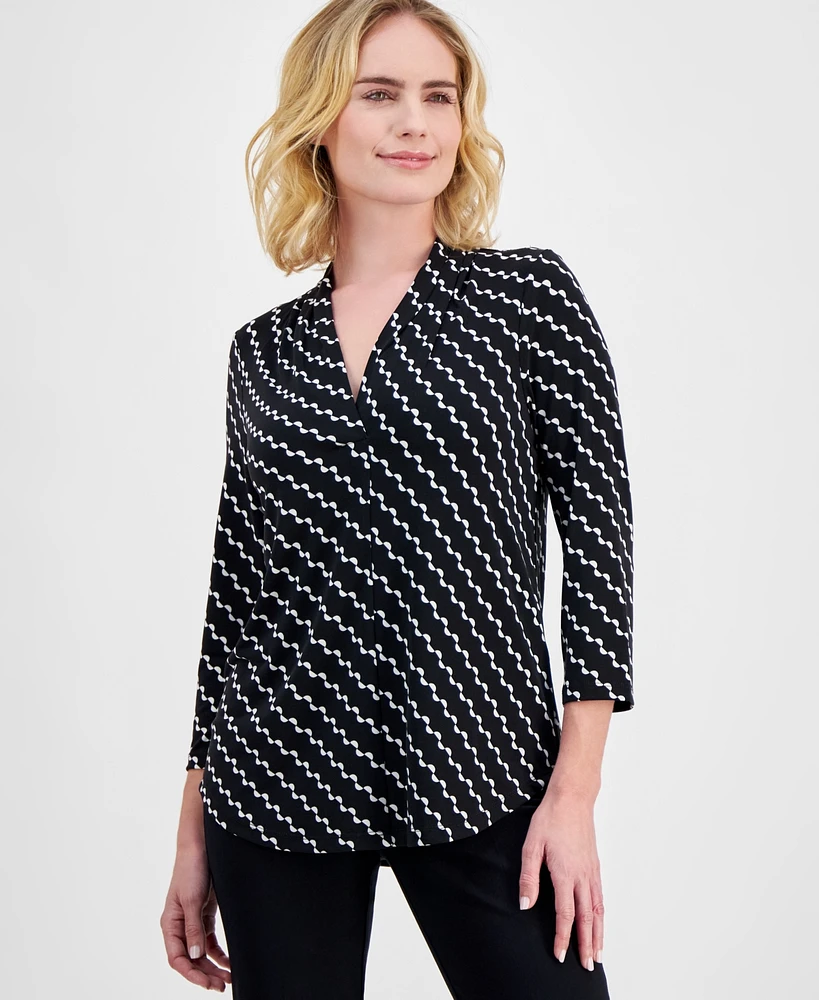 Jm Collection Petite Geo-Print V-Neck 3/4-Sleeve Top, Exclusively at Macy's