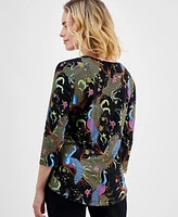 Jm Collection Petite Paradise Peacock Print 3/4-Sleeve Top, Exclusively at Macy's