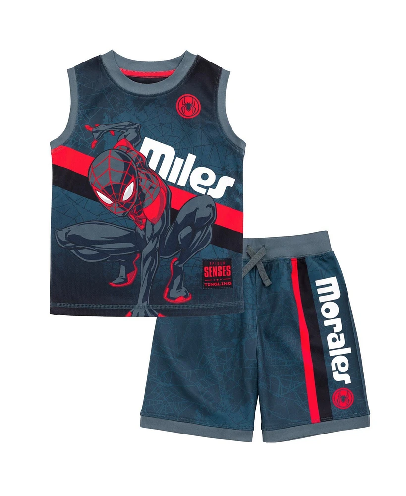 Marvel Toddler Boys Spider-Man Miles Morales Mesh Jersey Tank Top Shirt and Basketball Shorts to