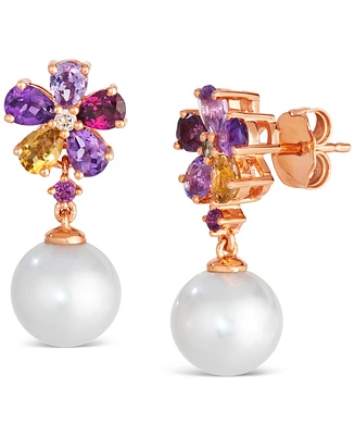 Le Vian Vanilla Pearl (8mm), Multi-Gemstone (1-1/4 ct. t.w.), & Nude Diamond Accent Flower Drop Earrings in 14k Rose Gold