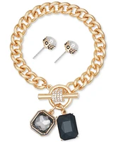 Guess Gold-Tone Framed Crystal Charm Bracelet & Logo Stud Earrings Set