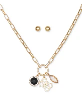 Guess Gold-Tone Mixed Crystal Multi-Charm Pendant Necklace & Stud Earrings Set