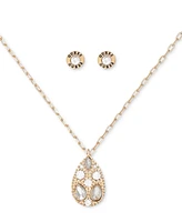 Guess Crystal Tear-Shape Pendant Necklace & Logo Stud Earrings Set