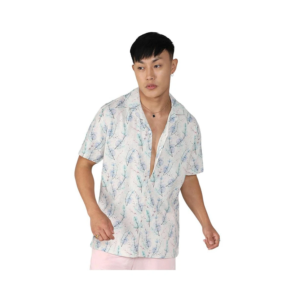 Campus Sutra Men's Ivory White & Icy Blue Flora Tint Shirt