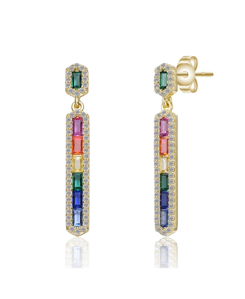 Genevive Sterling Silver 14K Gold Plated Multi-Colored Cubic Zirconia Linear Dangle Earrings - Multi