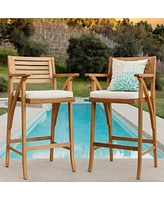 Best Choice Products Set of 2 Outdoor Acacia Wood Bar Stools Bar Chairs w/ Weather-Resistant Cushions - Teak Finish