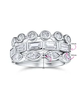 Bling Jewelry 3 Set Geometric Cubic Zirconia Baguette Marquise Round Cz Stackable Wedding Band Ring Set For Women .925 Sterling Silver