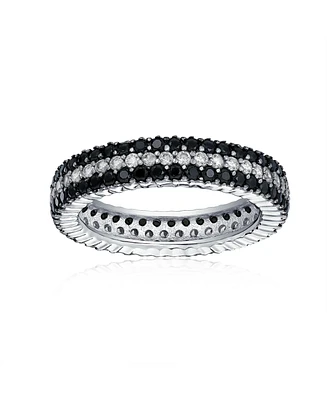 Bling Jewelry Pave Cubic Zirconia Two Tone 3 Row Stripe Aaa Cz Statement Black & White Eternity Band Ring For Women .925 Sterling Silver