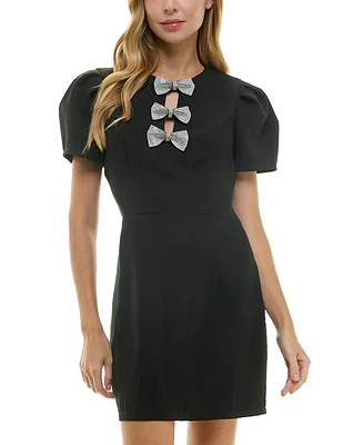 City Studios Juniors' Rhinestone Bow Puff-Sleeve Dress