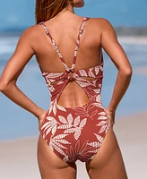 Cupshe Women's Brick Red Botanical Prints Front Keyhole Gathered Back One-Piece Swimsuit