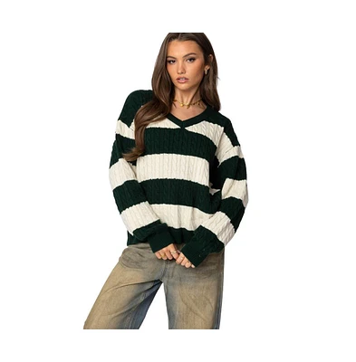 Edikted Women's Oversized Striped Cable Knit Sweater