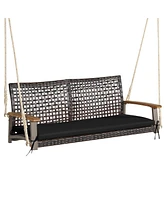 Costway 2-Person Patio Rattan Hanging Swing Chair Porch Loveseat Cushion Black