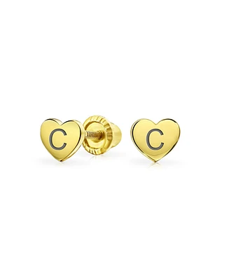 Bling Jewelry Minimalist Initial Letter A-z Yellow 14K Gold Screw back Mini Hoop Threader Solid or Flat Petite Alphabet Heart Shaped Stud Earrings For