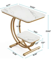 Tribesigns Modern Side Table Set of 2, with Faux Marble Tabletop, 2-Tier End Table with C-shaped Metal Legs for Living Room, White and Gold