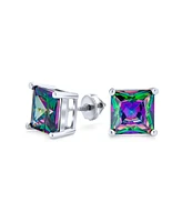 Bling Jewelry Square Black Mystic Rainbow Princess Cut Cubic Zirconia Cz Stud Earrings .925 Sterling Silver Screw Back