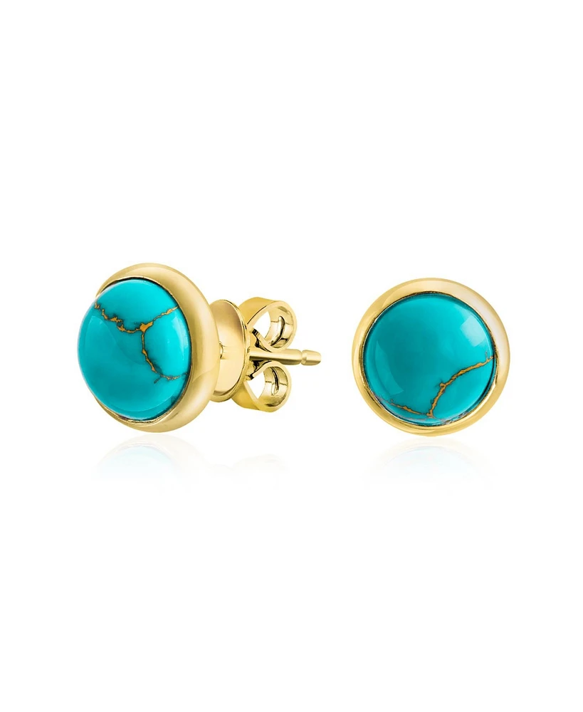 Bling Jewelry Simple Synthetic Blue Lapis Turquoise Bezel Set Round Dome Button Stud Earrings For Women Gold Plated .925 Sterling Silver