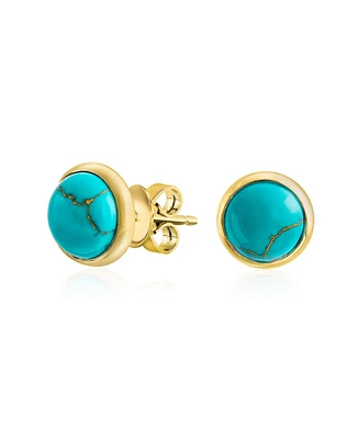 Bling Jewelry Simple Synthetic Blue Lapis Turquoise Bezel Set Round Dome Button Stud Earrings For Women Gold Plated .925 Sterling Silver