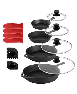 MegaChef 13 Piece Cast Iron Skillet Set with Tempered Glass Lids and Silicone Holders