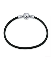 Bling Jewelry Unisex Black Leather Silver Round Clasp Strand Bracelet for Bead Charms