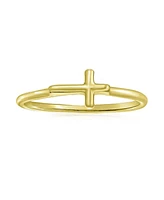 Bling Jewelry Minimalist Simple Midi Knuckle Thin 1MM Band Stackable Religious Sideways Cross RingYellow 14K Gold Plated .925 Sterling Silver