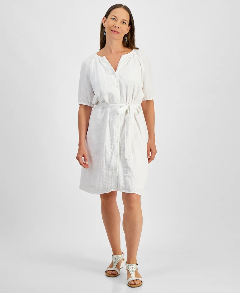 Style & Co Petite Cotton Belted Button-Front A-Line Dress, Exclusively at Macy's