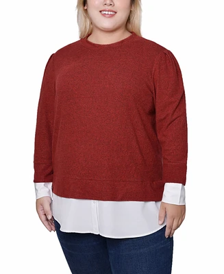 Ny Collection Plus Long Sleeve Two-Fer Top