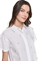 Karl Lagerfeld Paris Women's Faux-Pearl-Embellished Poplin Top