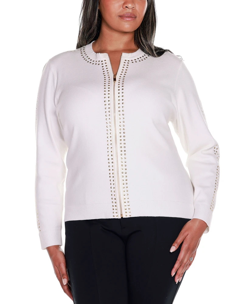 Belldini Black Label Plus Size Crewneck Embellished Zip Cardigan Sweater