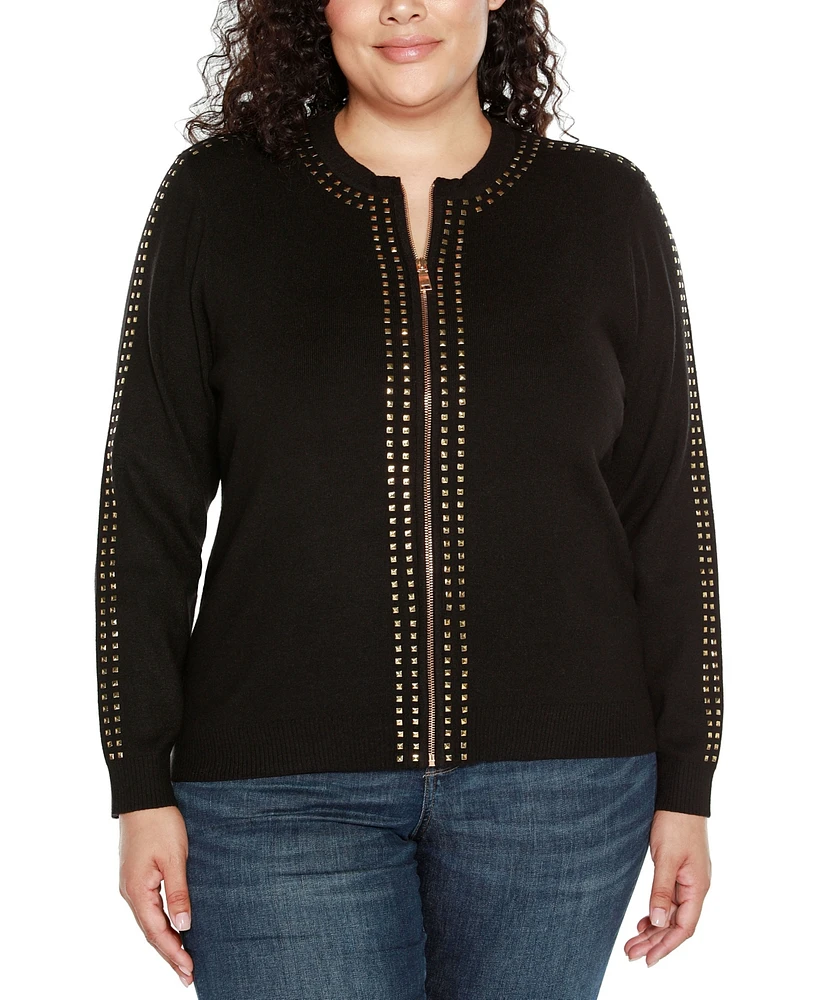 Belldini Black Label Plus Crewneck Embellished Zip Cardigan Sweater