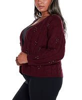 Belldini Black Label Plus Size Embellished Open-Front Cable Cardigan Sweater