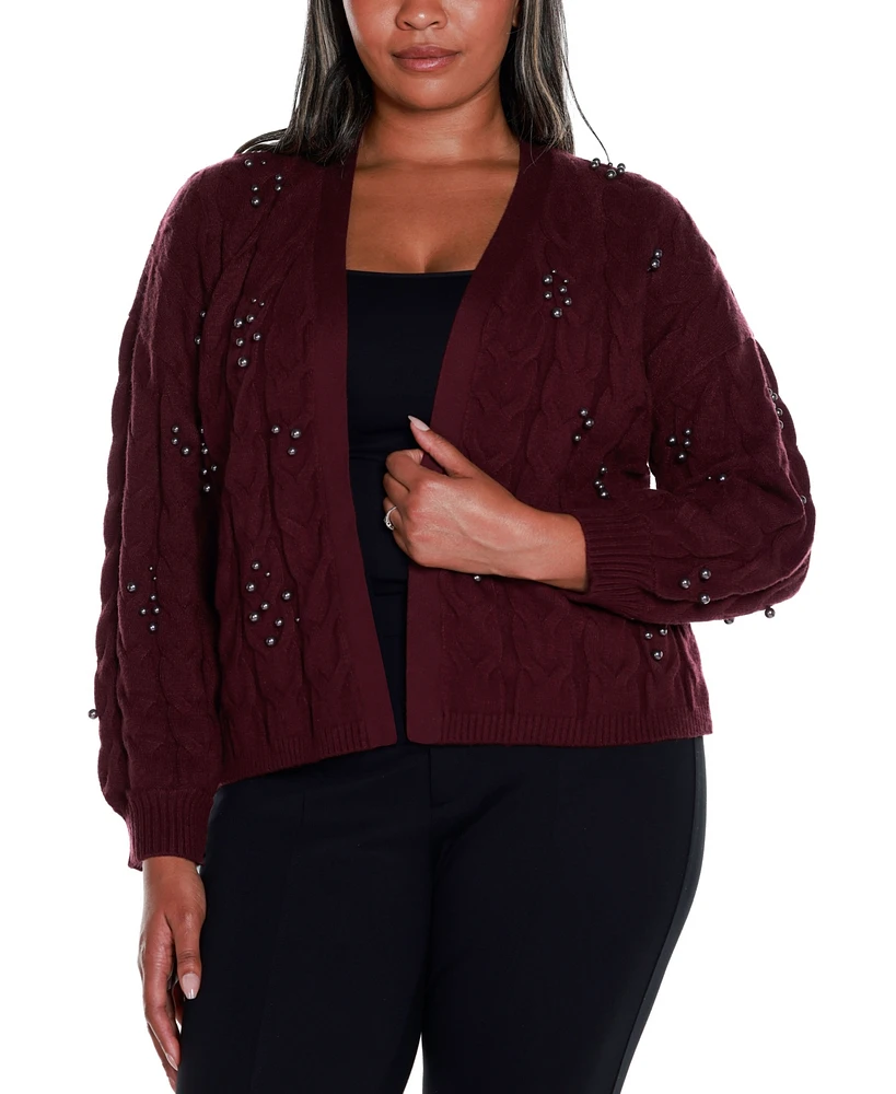 Belldini Black Label Plus Size Embellished Open-Front Cable Cardigan Sweater