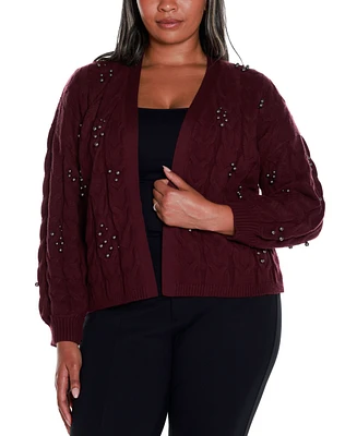 Belldini Black Label Plus Embellished Open-Front Cable Cardigan Sweater