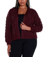 Belldini Black Label Plus Embellished Open-Front Cable Cardigan Sweater