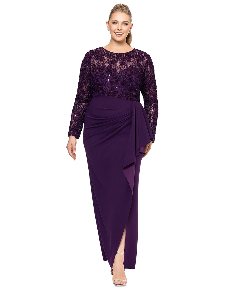 Xscape Plus Lace-Bodice Ruffled-Skirt Gown