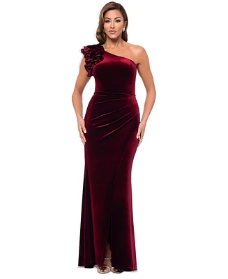 Xscape Women's One-Shoulder Ruffle-Trim Velvet Gown