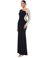 Xscape Women's Asymmetrical Rhinestone-Mesh-Sleeve Gown