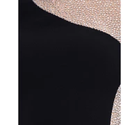 Xscape Women's Asymmetrical Rhinestone-Mesh-Sleeve Gown