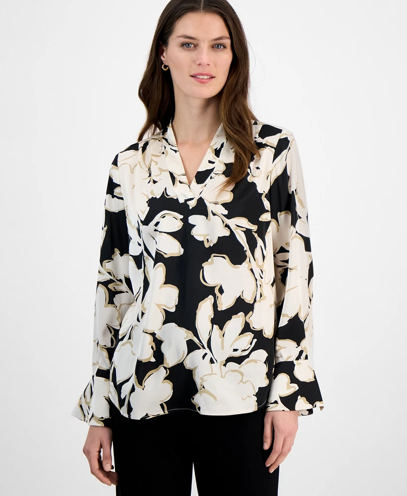 Anne Klein Women's Floral-Print V-Neck Cuffed Blouse