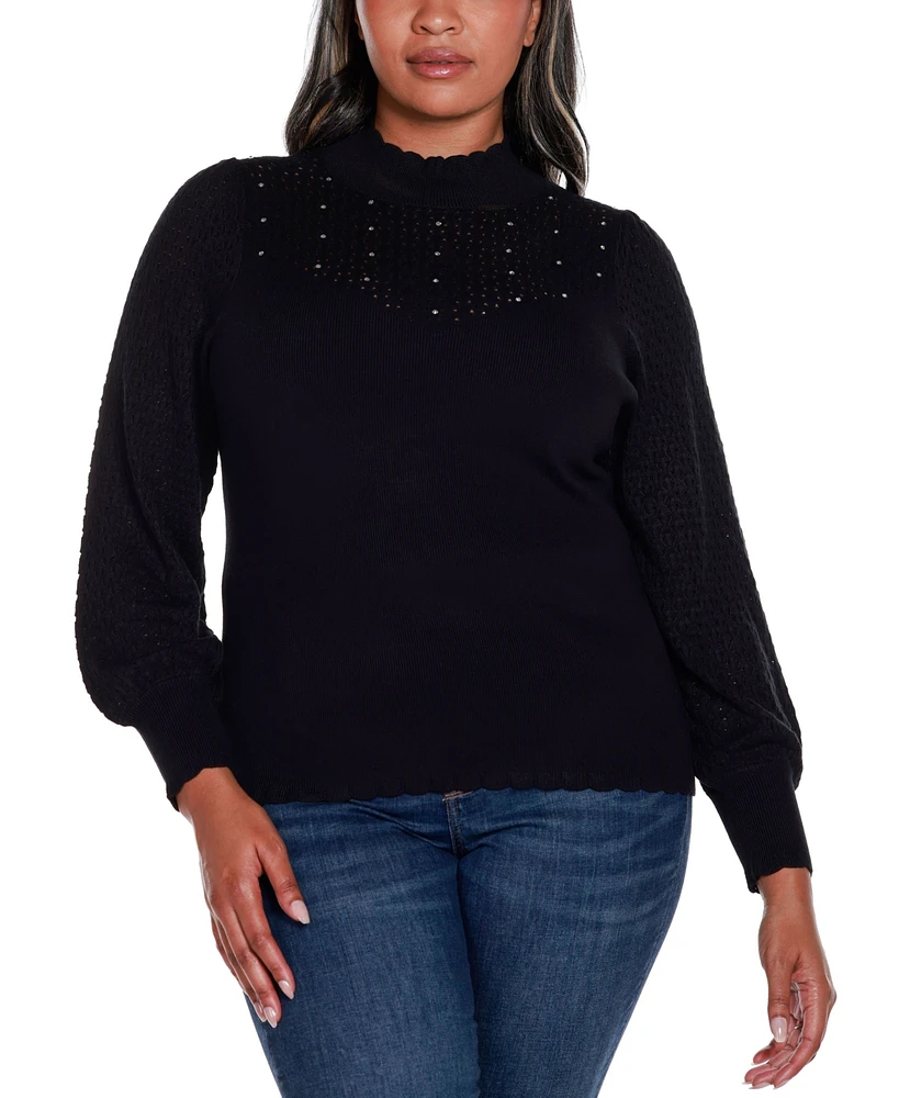 Belldini Black Label Plus Size Pointelle and Rhinestone Detail Sweater